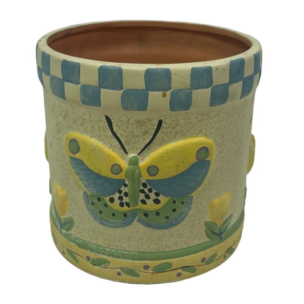 Vintage 2001 Debbie Mumm Painted Terra Cotta Butterfly Jar Candle Holder